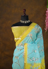 Losliya Inspired Soft Linen Cotton Saree with Aqua Blue & Floral Prints