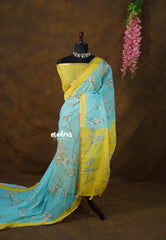 Losliya Inspired Soft Linen Cotton Saree with Aqua Blue & Floral Prints