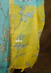 Losliya Inspired Soft Linen Cotton Saree with Aqua Blue & Floral Prints