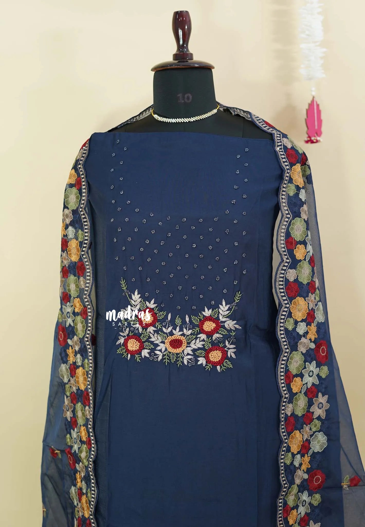 Amitha –  Midnight Blue Luxury muslin silk beaded and hand embroidered yoke and organza dupatta with scallop work