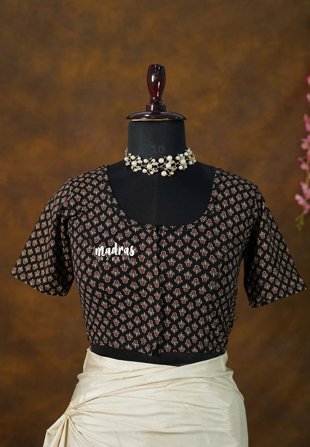 Black with small flowers - Stretchable Fabric = Stress-Free Fit ✨ Lycra Cotton Readymade Kalamkari printed Blouse – Perfect Fit Comfort