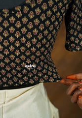 Black with small flowers - Stretchable Fabric = Stress-Free Fit ✨ Lycra Cotton Readymade Kalamkari printed Blouse – Perfect Fit Comfort