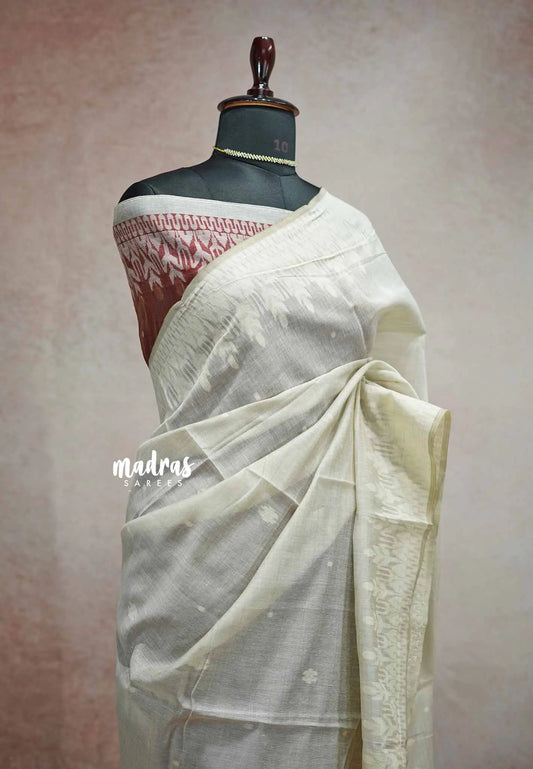 Muslin Silk with Jamdani Weaving Border Contrast Blouse -  Halfwhite with Maroon