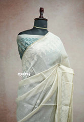 Muslin Silk with Jamdani Weaving Border Contrast Blouse -  Halfwhite with teal