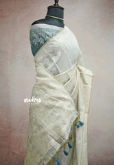 Muslin Silk with Jamdani Weaving Border Contrast Blouse -  Halfwhite with teal