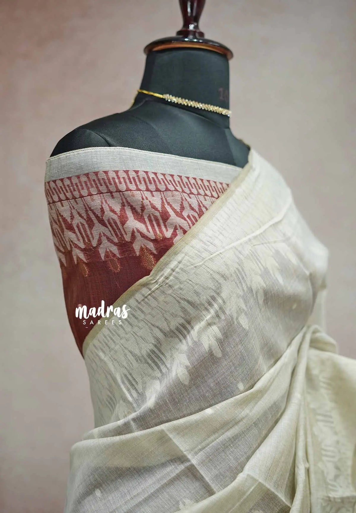 Muslin Silk with Jamdani Weaving Border Contrast Blouse -  Halfwhite with Maroon