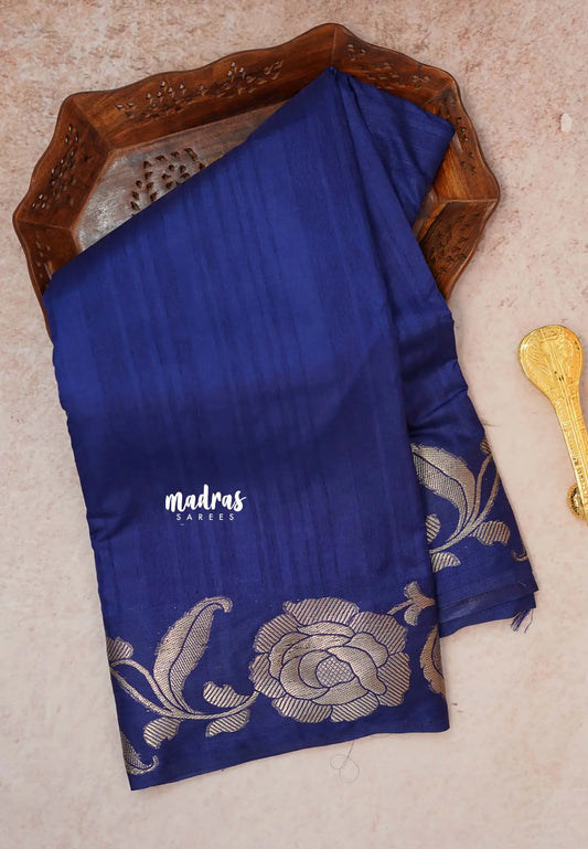 Navy Blue - Madhuram - Soft Matka silk with grooves body and floral border