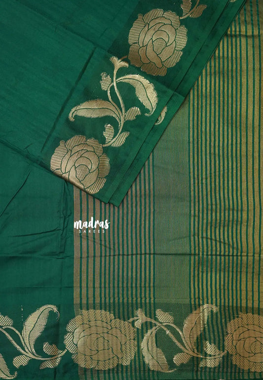 Dark Green - Madhuram - Soft Matka silk with grooves body and floral border
