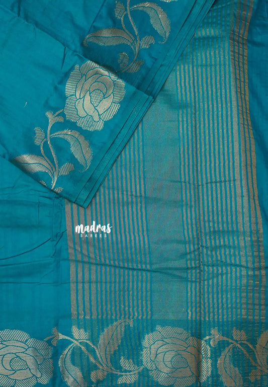 Teal Blue - Madhuram - Soft Matka silk with grooves body and floral border