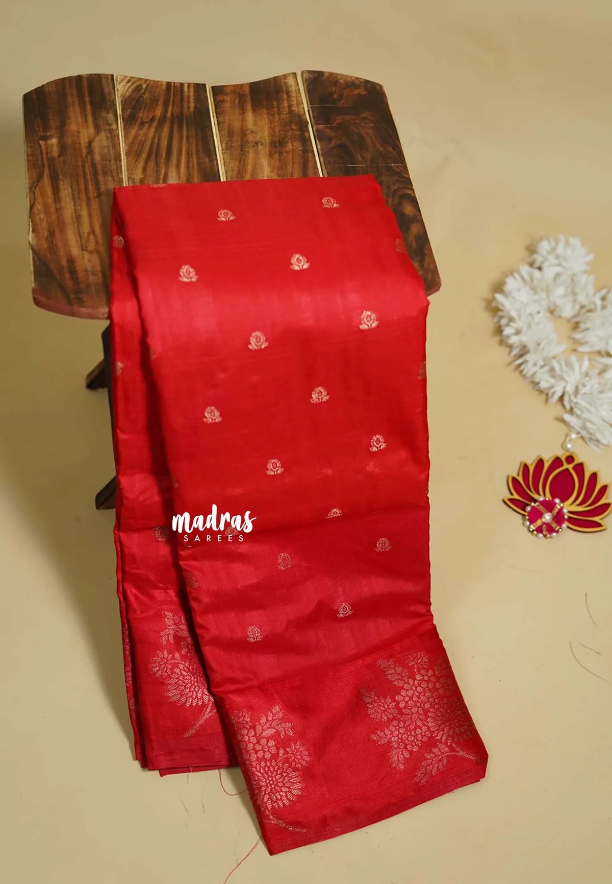 Classic Red - Madhuram - Soft Matka silk with grooves body and floral border with buttas