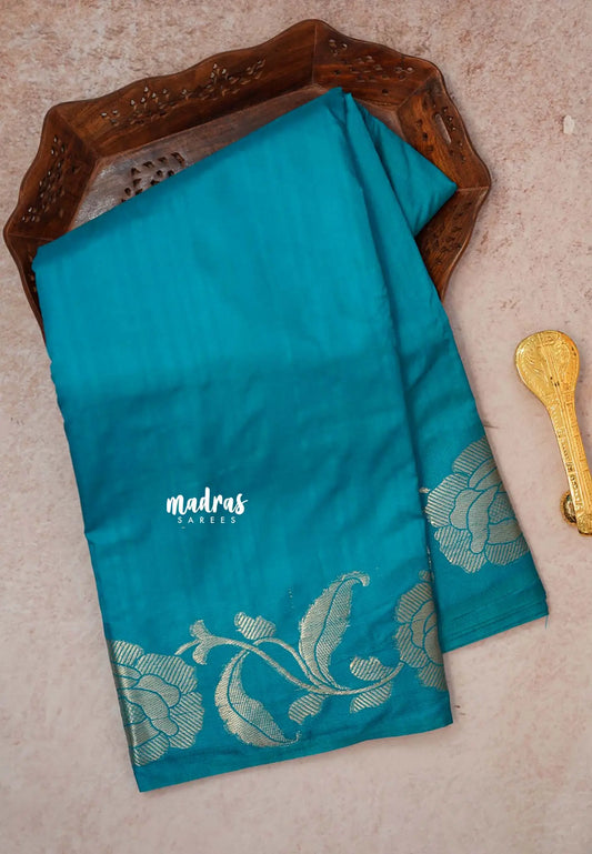 Teal Blue - Madhuram - Soft Matka silk with grooves body and floral border