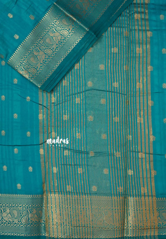 Teal Blue - Madhuram - Soft Matka silk with grooves body and temple peacock border
