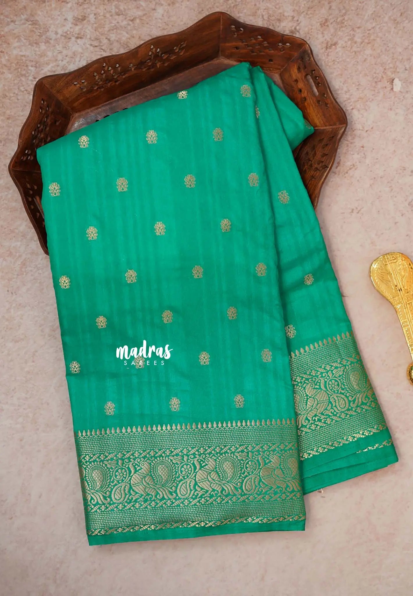 Teal Green - Madhuram - Soft Matka silk with grooves body and temple p ...