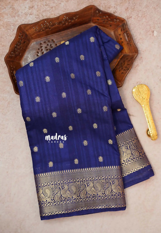 Navy Blue - Madhuram - Soft Matka silk with grooves body and temple peacock border