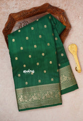 Dark Green - Madhuram - Soft Matka silk with grooves body and temple peacock border