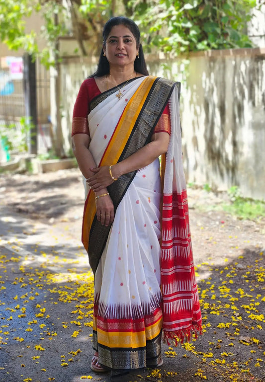 Madhuram white binny silk with tri color weaving border