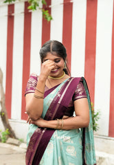 Muted Aqua Blue - Durga - Banarasi soft katan silk