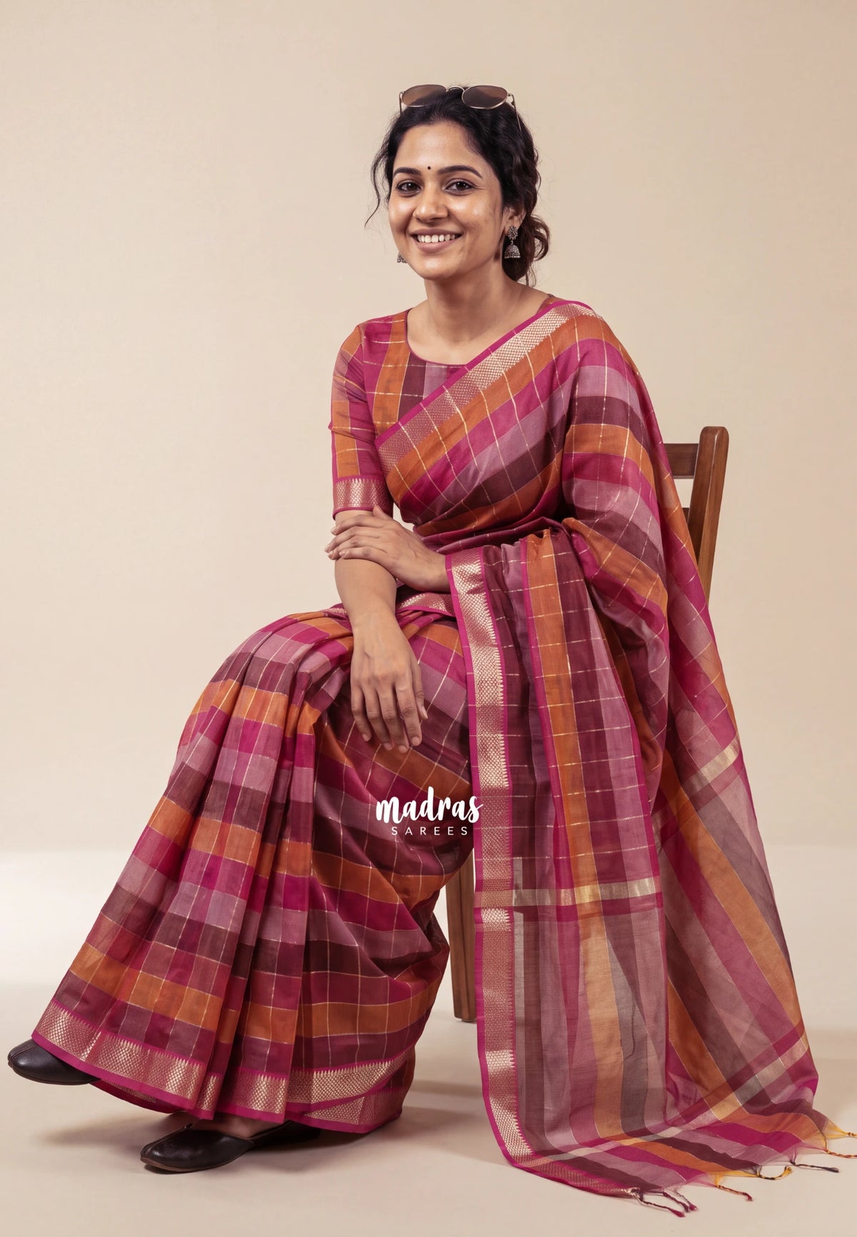 Berry Rose Shades - Maheswari - Premium Lightweigt Cotton Silk with Madrs Checks Body and Zari Line - Best for Casual Wear