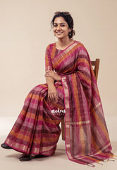 Berry Rose Shades - Maheswari - Premium Lightweigt Cotton Silk with Madrs Checks Body and Zari Line - Best for Casual Wear