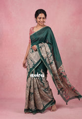 Dark Green - Shalini Premium Kota Silk with Kalahasti Prints - Best for Pooja Functions | Casual Wear