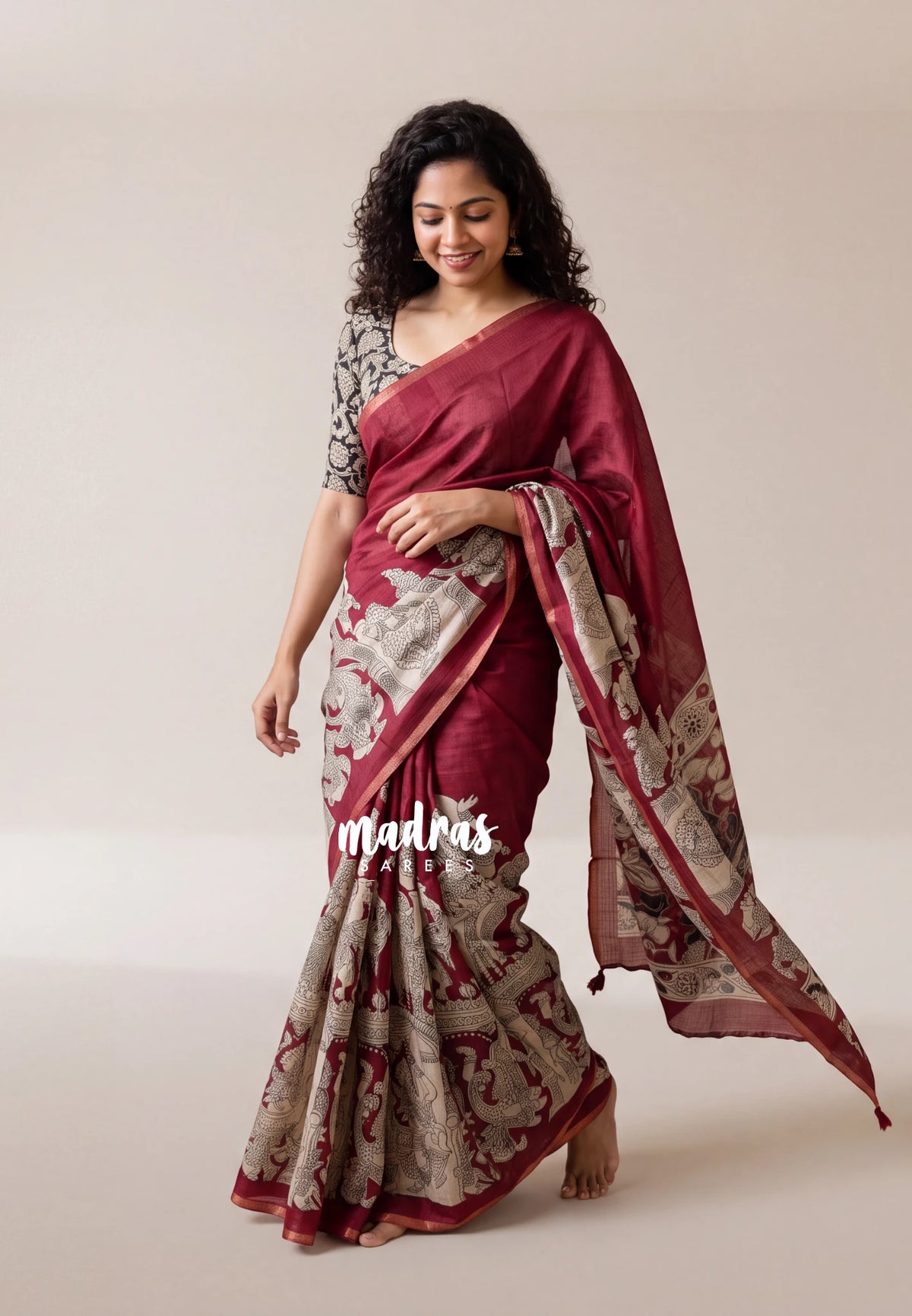 Majestic Maroon - Shalini Premium Kota Silk with Kalahasti Prints - Best for Pooja Functions | Casual Wear