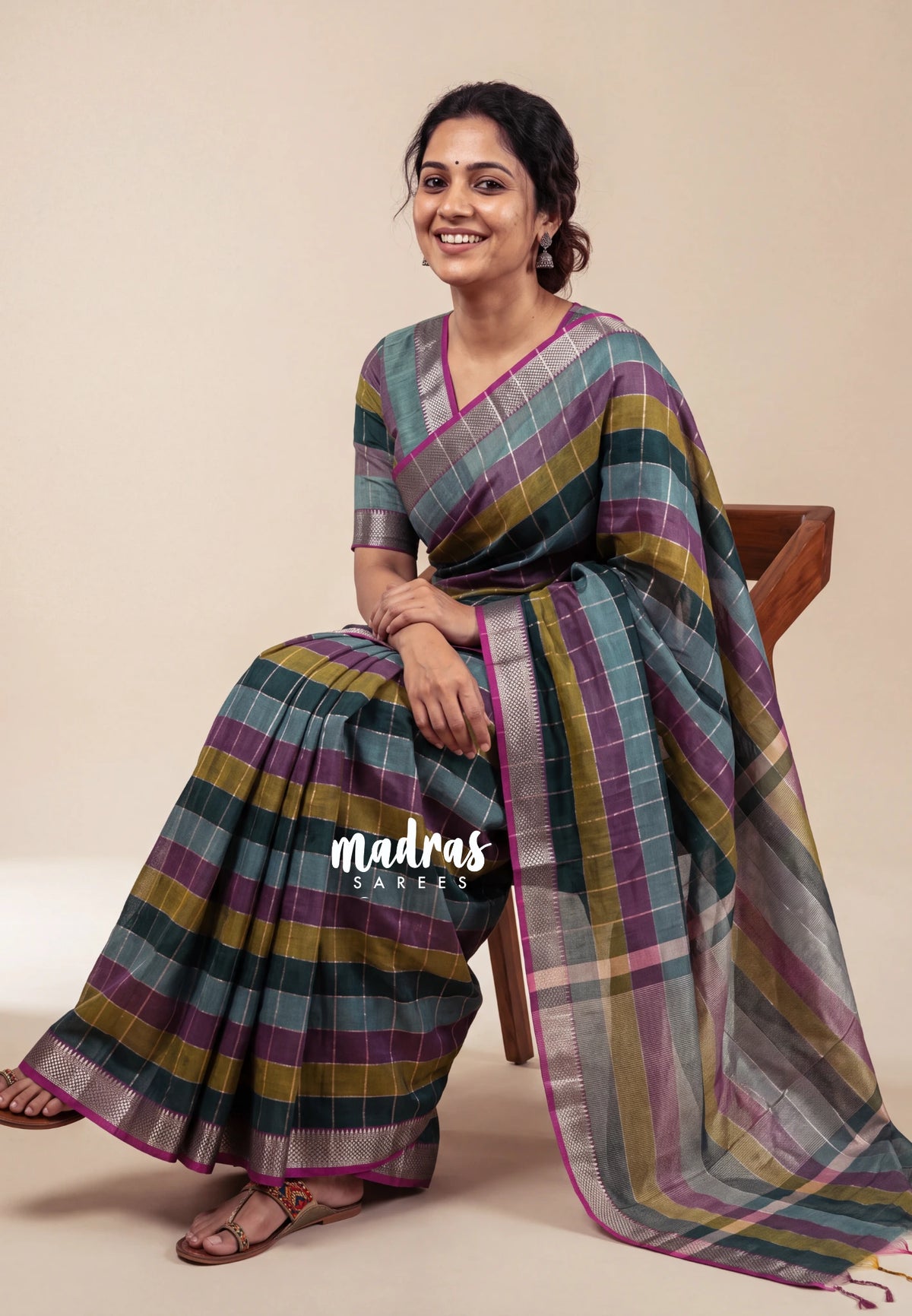 Peacock Teal Shades - Maheswari - Premium Lightweigt Cotton Silk with Madrs Checks Body and Zari Line - Best for Casual Wear