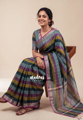 Peacock Teal Shades - Maheswari - Premium Lightweigt Cotton Silk with Madrs Checks Body and Zari Line - Best for Casual Wear