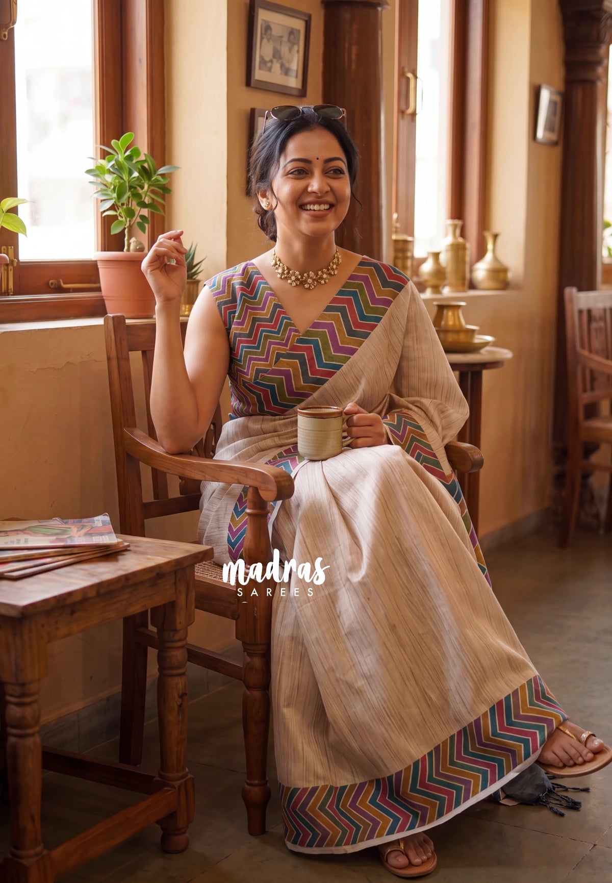 Muted Beige-Zigzag - Yamini Paper Silk Saree with Zigzag Rainbow Pallu, Border and Blouse - Workwear Classic