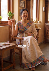 Muted Beige-Zigzag - Yamini Paper Silk Saree with Zigzag Rainbow Pallu, Border and Blouse - Workwear Classic