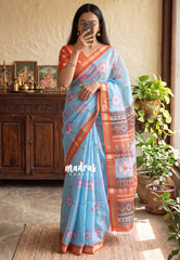 Sky Blue - Shalini Premium Kota Silk with Divine Lotus Prints - Best for Pooja Functions | Casual Wear