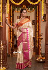 Creamy Ivory Beige - Avantika - Semi Mysore silk with Ganga Jamuna Border wiith Buttas - Perfect for Festival Wear