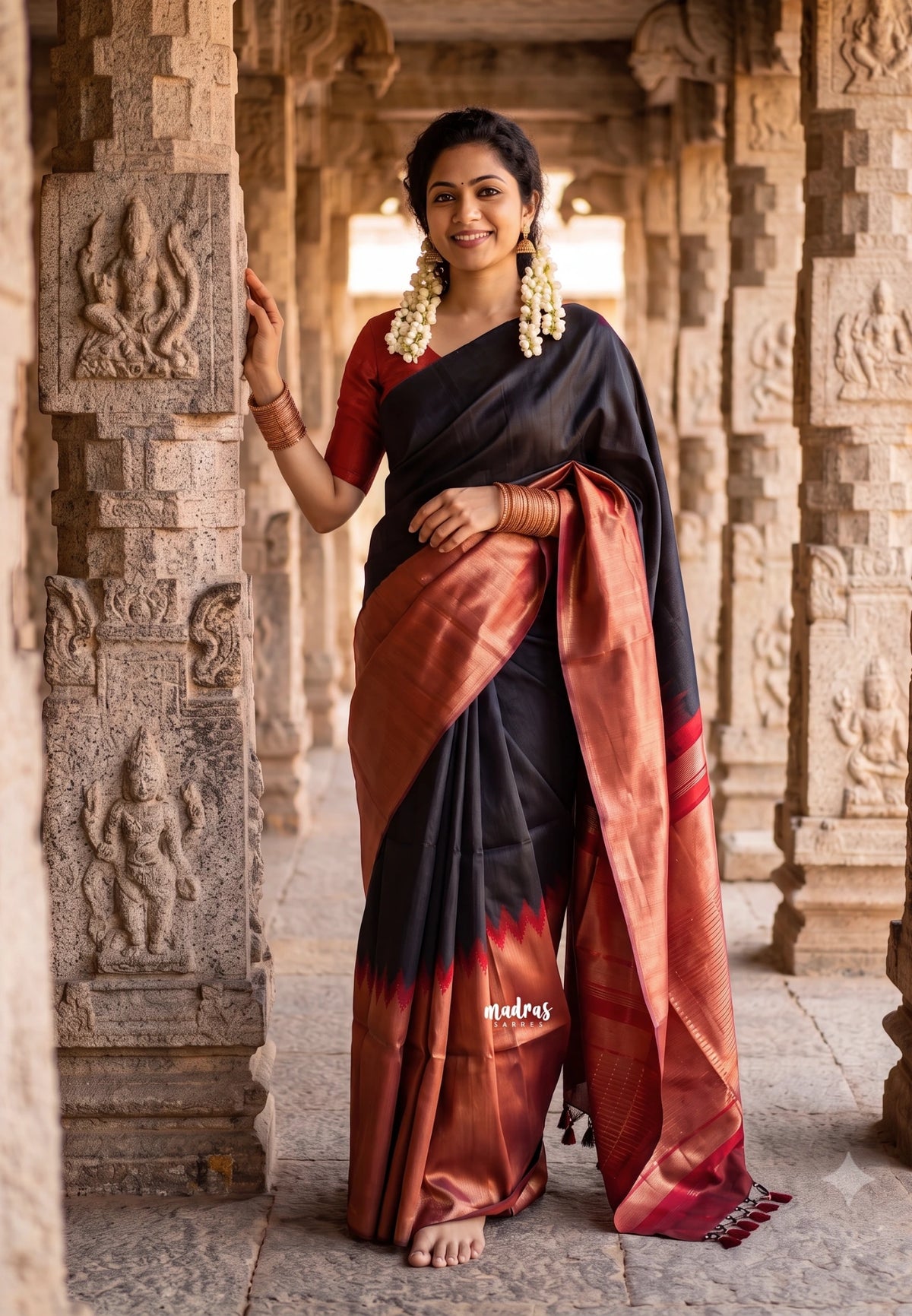 Black with Reddish Maroon - Manjari - Raw Silk in Raising Kanjivaram Weaving Style - Best for Small Functions | Pooja | Reception