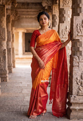 Yellowish Orange with Red - Manjari - Raw Silk in Raising Kanjivaram Weaving Style - Best for Small Functions | Pooja | Reception