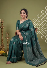 Bottle Green - Manjari - Raw Silk Saree with Kolam Weaving and Skirt Border - Best for Small Functions / Pooja