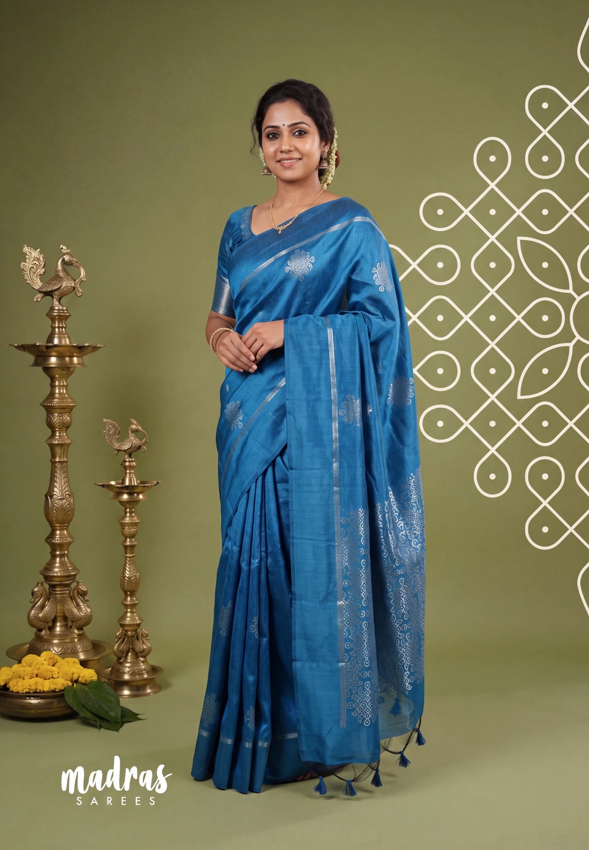Cobalt Blue Raw Silk Saree with Kolam Weaving & Skirt Border | Manjari | Pooja & Small Functions