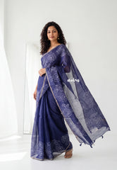 Midnight Blue - Shalini Premium Kota Silk Saree with Peacock Printed Border - Best for Office Wear | Casual Wear