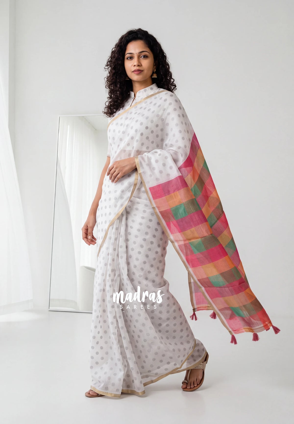 Pearl White - Shalini Premium Kota Silk Saree with Rainbow Checks Pallu - Best for Office Wear | Casual Wear