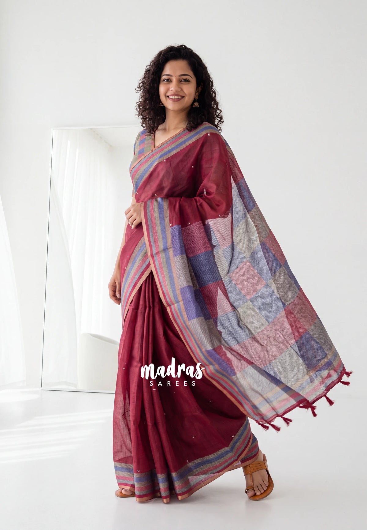 Muted Wine Maroon - Shalini Premium Kota Silk Saree with Multi Checks Pallu and Blouse  - Best for Office Wear | Casual Wear