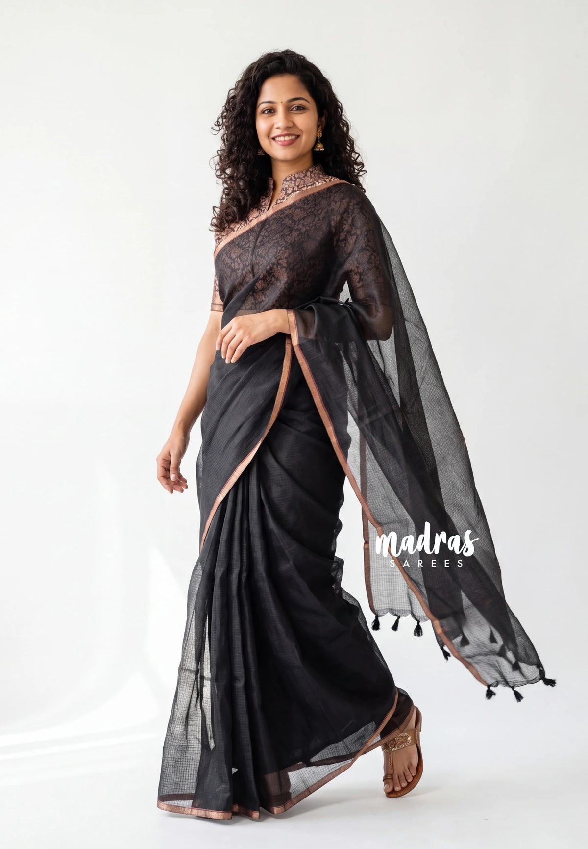 Jet Black - Shalini Premium Kota Silk Saree Plain with Floral Printed Blouse - Best for Office Wear | Casual Wear
