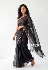 Jet Black - Shalini Premium Kota Silk Saree Plain with Floral Printed Blouse - Best for Office Wear | Casual Wear