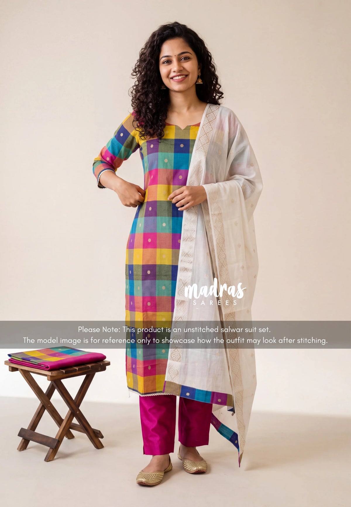 Amitha - Rainbow Madras Checks Handloom Cotton with Buttas Weaving Salwar Material 3 Piece set