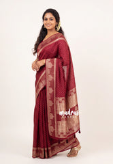 Crimson Maroon - Vadhanam - Jute Tussar Silk Saree Small Thilagam Buttas with Tissue Weaving Kolam Border - Perfect for Diwali Festive