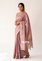 Blush Mauve - Vadhanam - Jute Tussar Silk Saree Small Thilagam Buttas with Tissue Weaving Kolam Border - Perfect for Diwali Festive