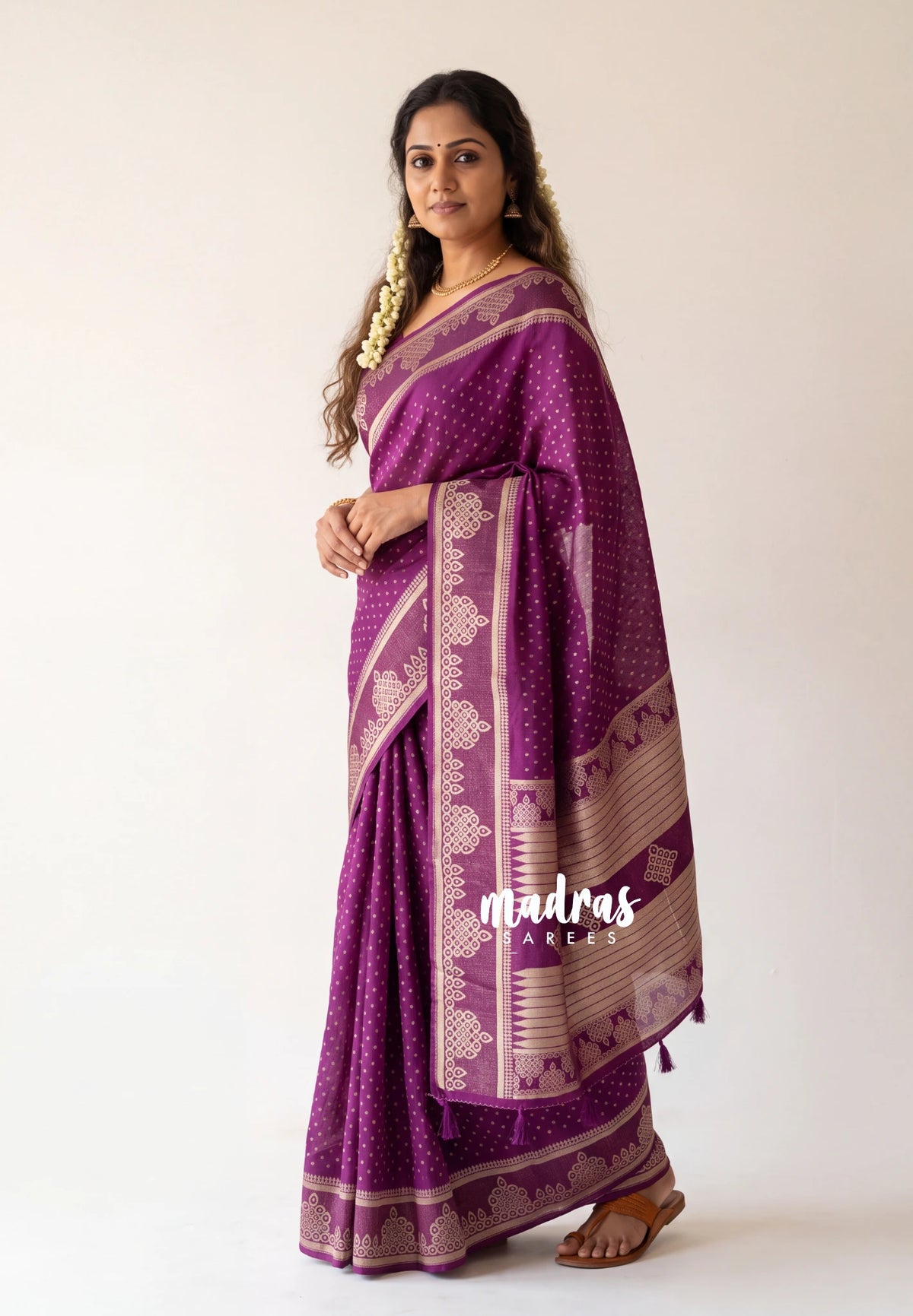 Deep Magenta Purple - Vadhanam - Jute Tussar Silk Saree Small Thilagam Buttas with Tissue Weaving Kolam Border - Perfect for Diwali Festive