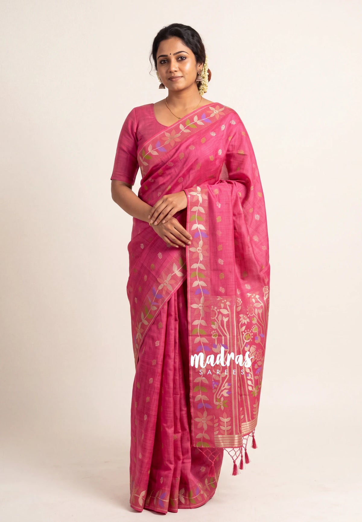 Raspberry Pink - Vadhanam - Jute Tussar Silk Saree Colorful Flower Weaving Border with Leaf Buttas - Perfect for Diwali Festive
