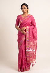 Raspberry Pink - Vadhanam - Jute Tussar Silk Saree Colorful Flower Weaving Border with Leaf Buttas - Perfect for Diwali Festive