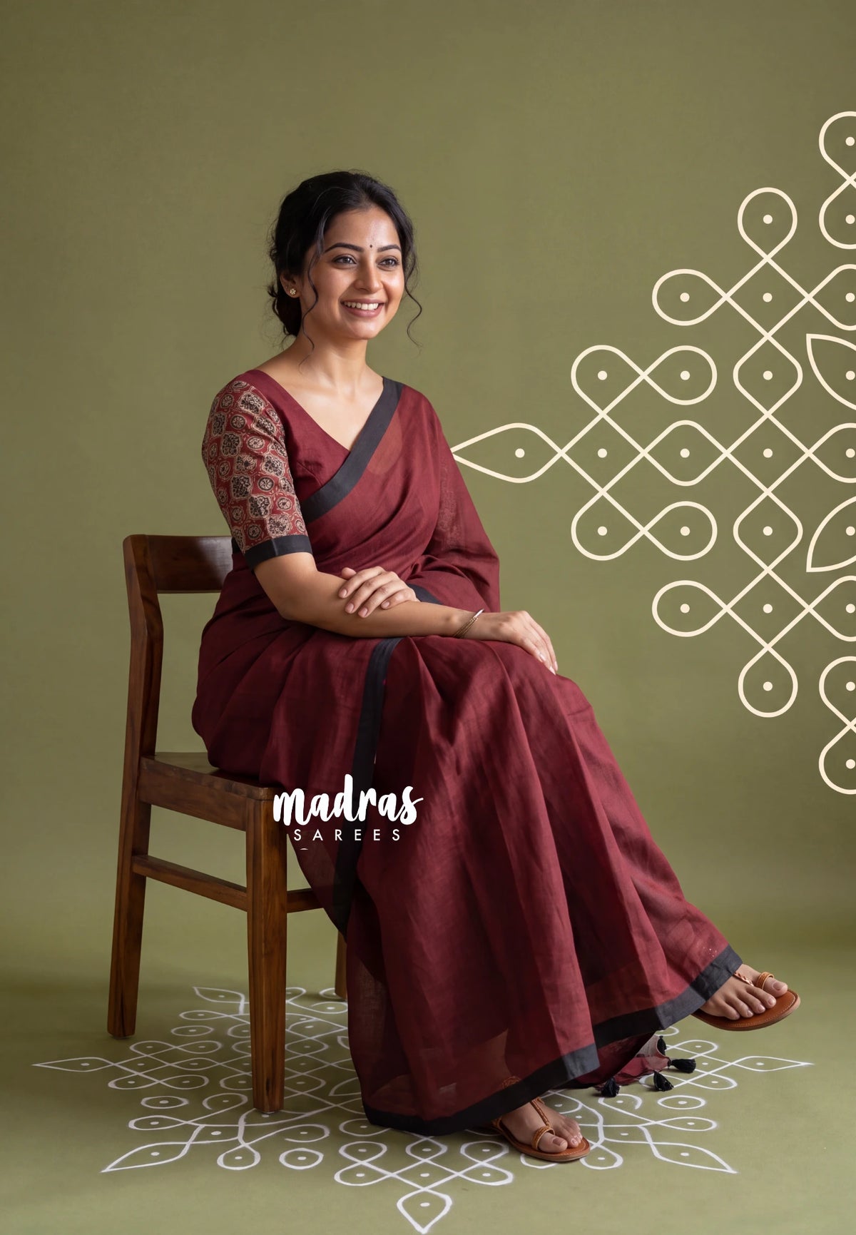 Araku Maroon - Pragathi - Linen Cotton Saree Plain and Floral Prints Blouse - Perfect for Office Wear | Summer wear | Casual Wear