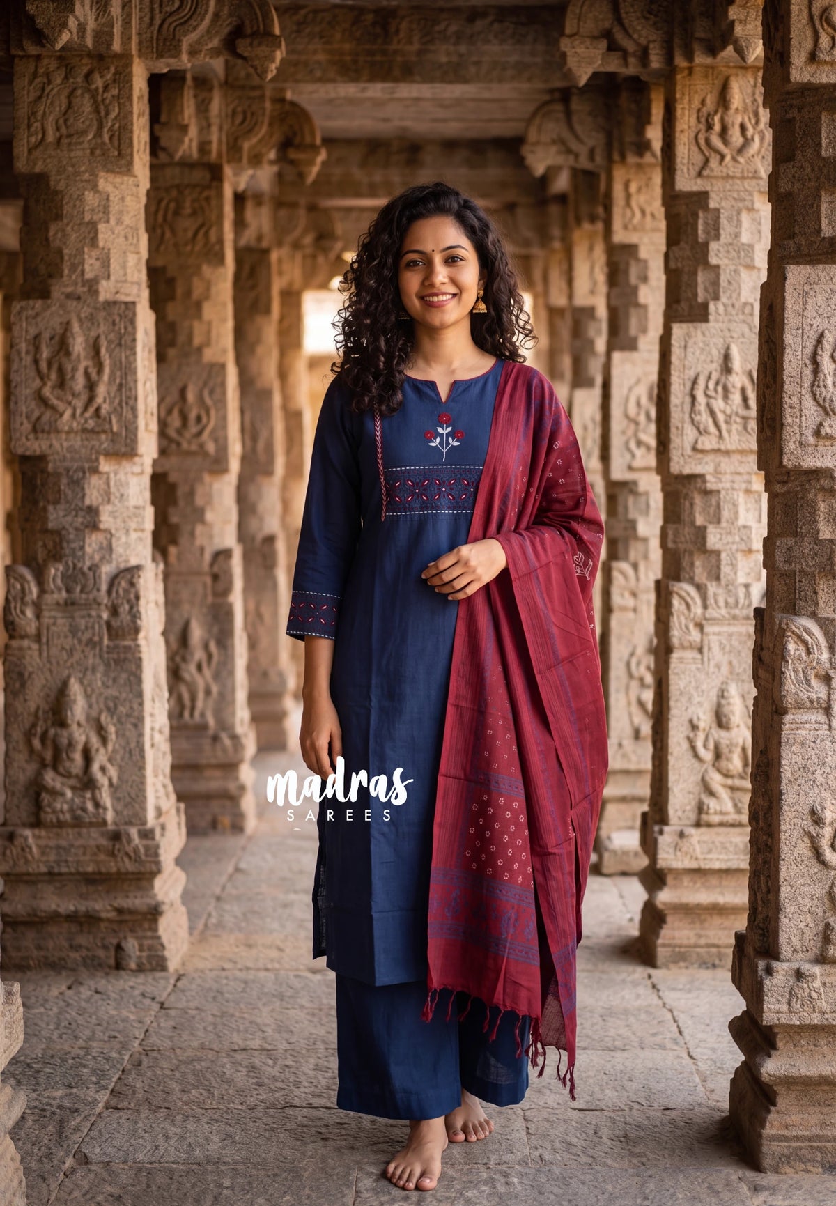 Indigo Blue – Aavani - Pre-Washed Handspun Cotton Ready-Made Floral Embroidery and Cutwork Details 3pcs set for Women – Perfect for Office & Everyday Wear