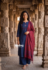 Indigo Blue – Aavani - Pre-Washed Handspun Cotton Ready-Made Floral Embroidery and Cutwork Details 3pcs set for Women – Perfect for Office & Everyday Wear