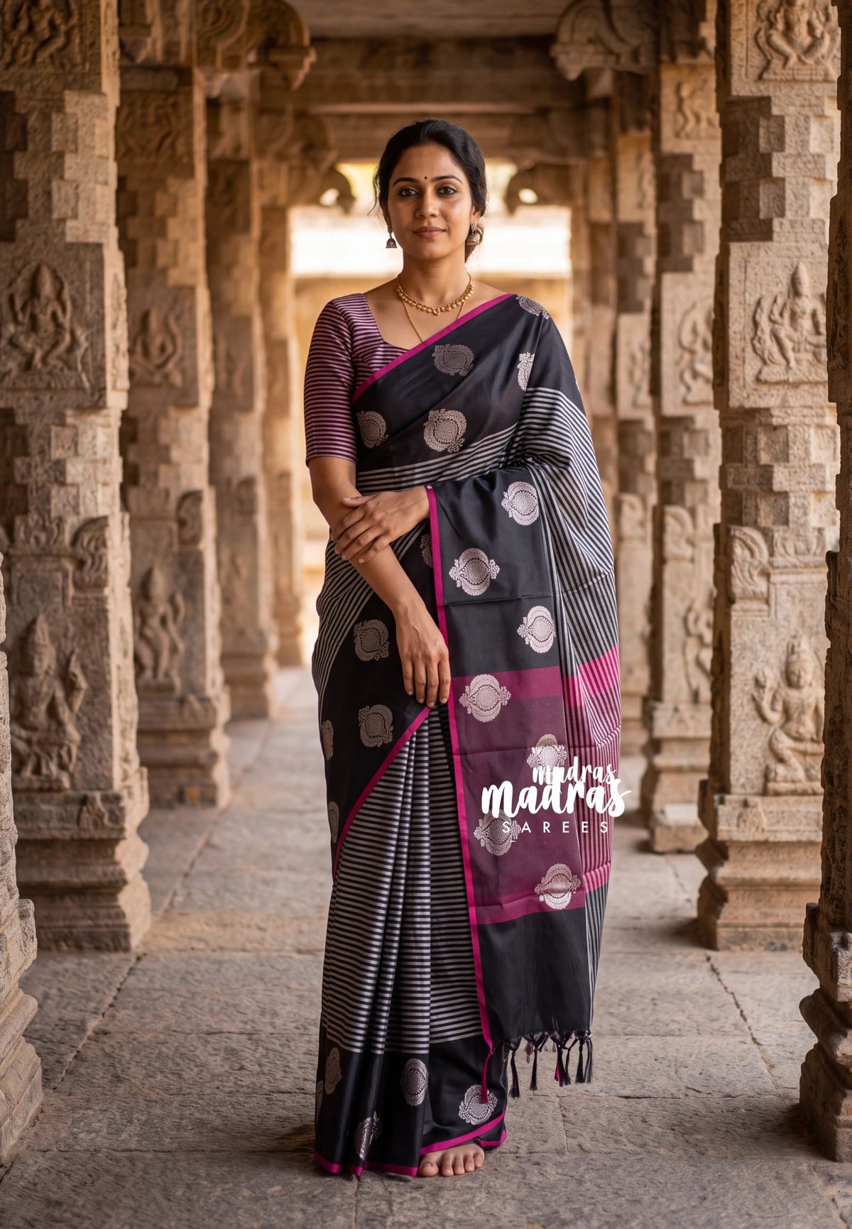Grey & Black - Sico Gadwal Semi Silk Horizontal Stripes Saree with Contrast Pallu and Blouse - Best for Diwali Functions | Temple Visit